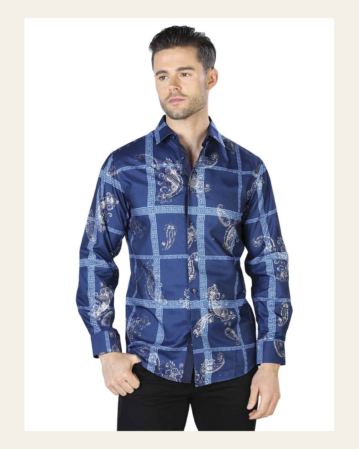 Navy And Silver Casual Long Sleeve Shirt 44026 on a warm cream background