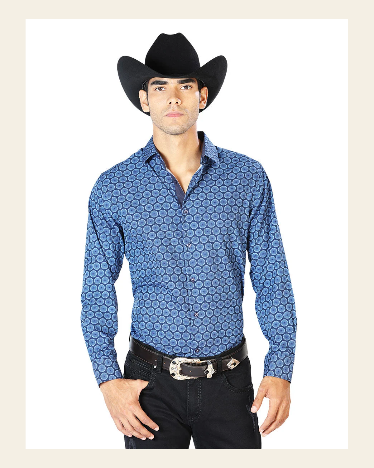 Navy Blue Casual Long Sleeve Shirt 43550 on a warm cream background