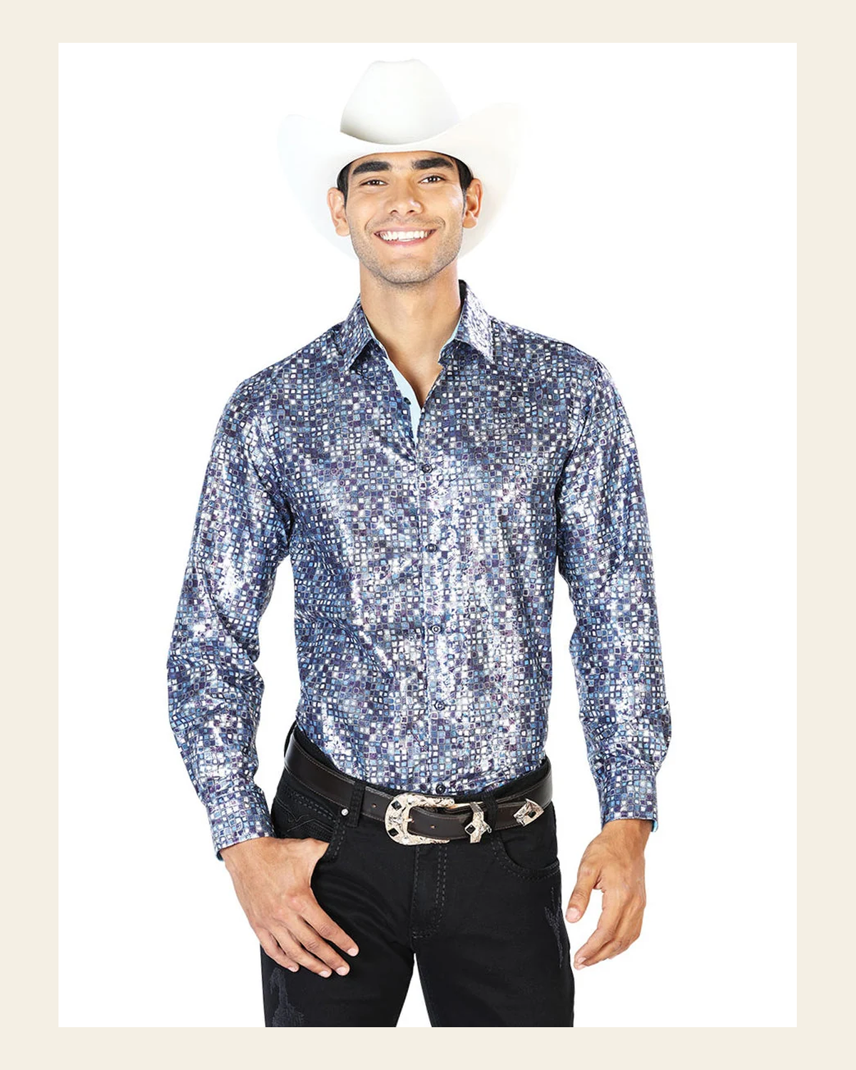 Navy Blue Casual Long Sleeve Shirt 43565 on a warm cream background
