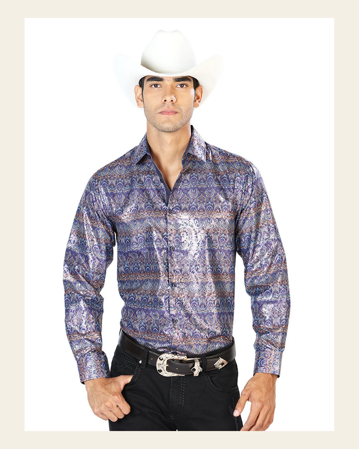 Navy Blue Casual Long Sleeve Shirt 43567 on a warm cream background