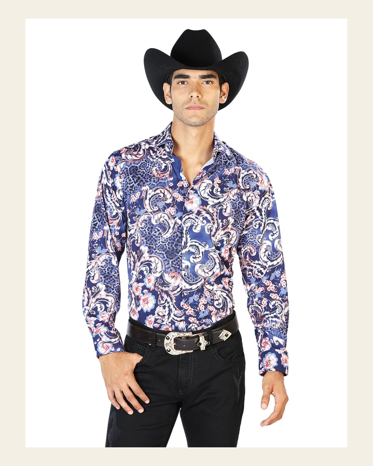 Navy Blue Casual Long Sleeve Shirt 43577 on a warm cream background