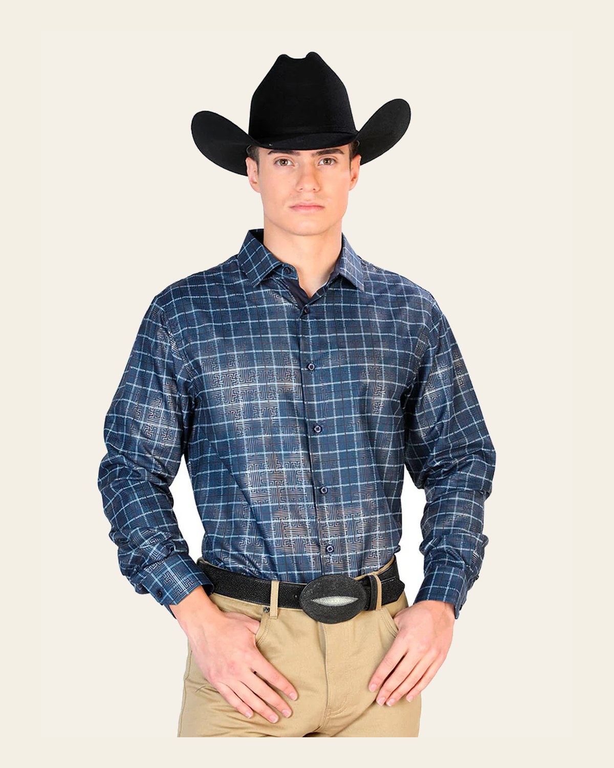 Navy Blue Casual Long Sleeve Shirt 43768 on a warm cream background