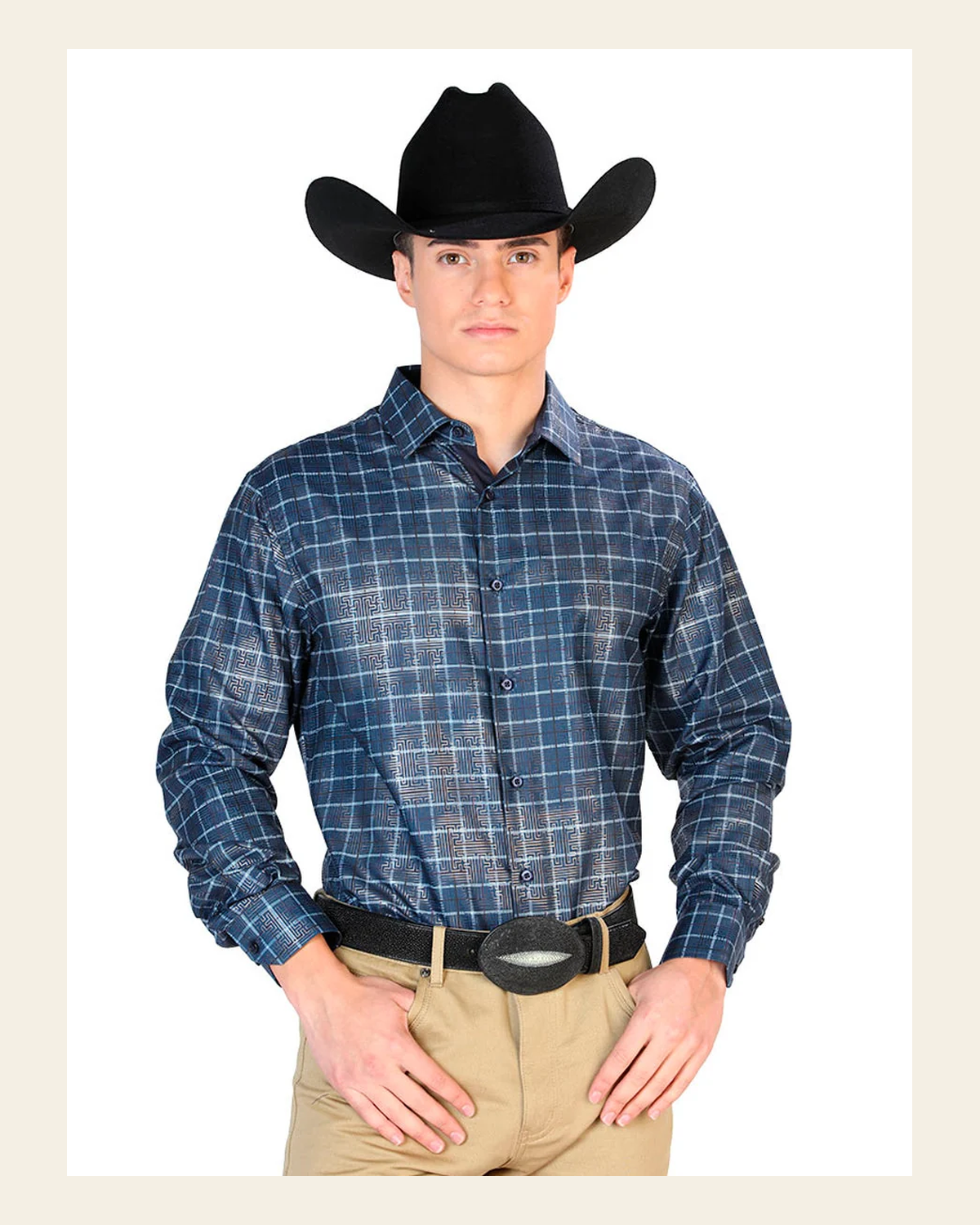 Navy Blue Casual Long Sleeve Shirt 43768 on a warm cream background