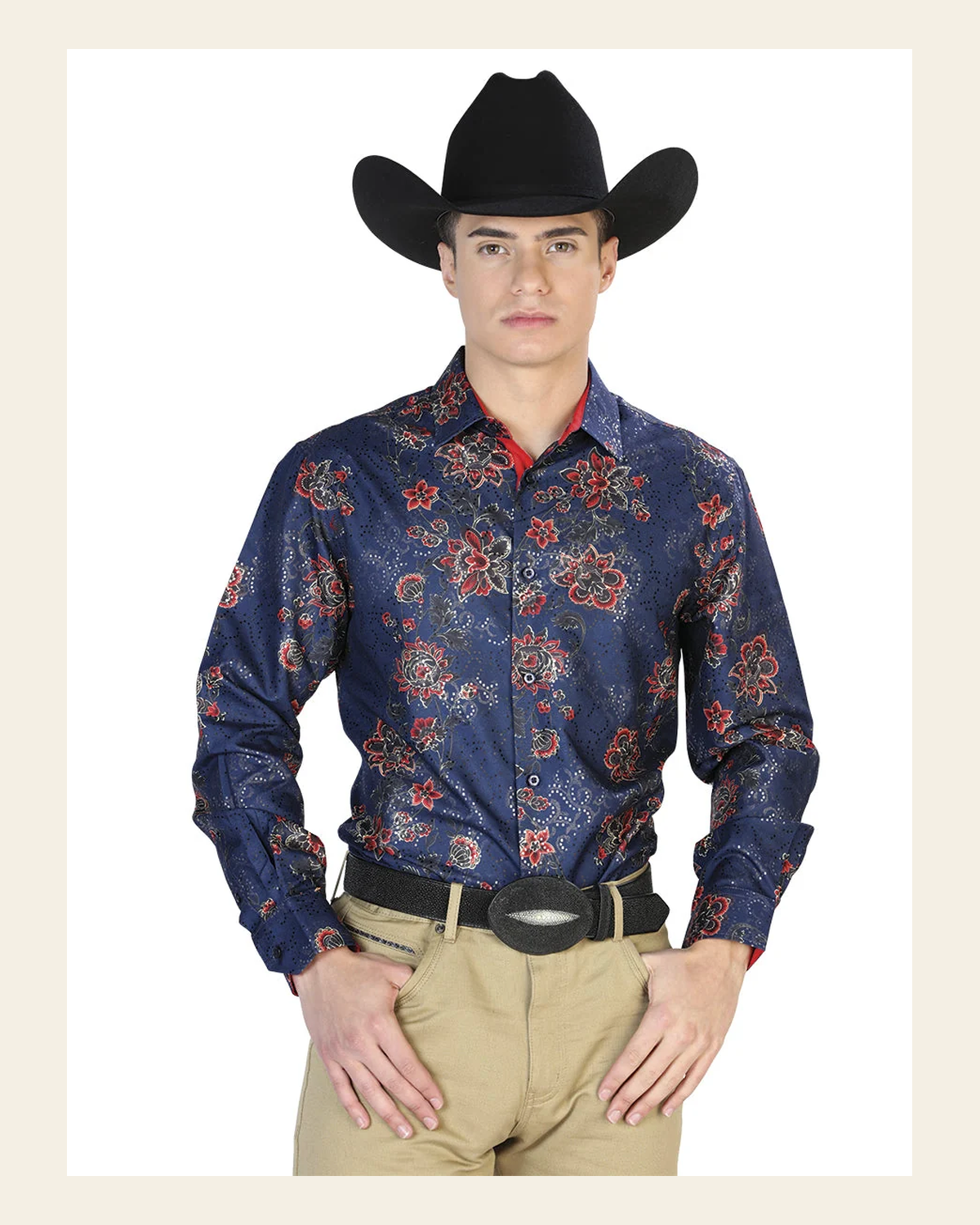 Navy Blue Casual Long Sleeve Shirt 43808 on a warm cream background