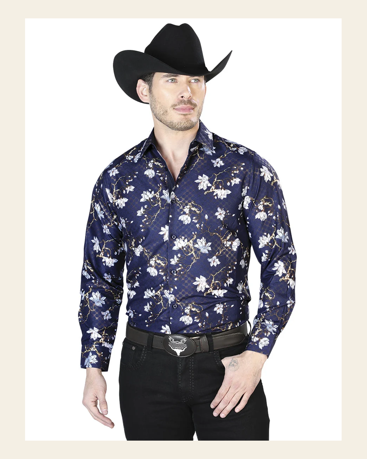 Navy Blue Casual Long Sleeve Shirt 43822 on a warm cream background