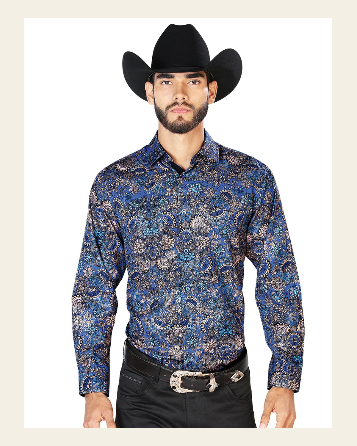 Navy Blue Casual Long Sleeve Shirt 43860 on a warm cream background