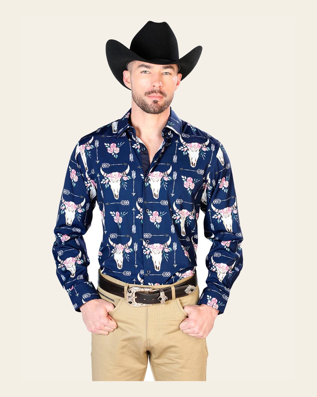 Navy Blue Long Sleeve Casual Long Sleeve Shirt 43694 on a warm cream background