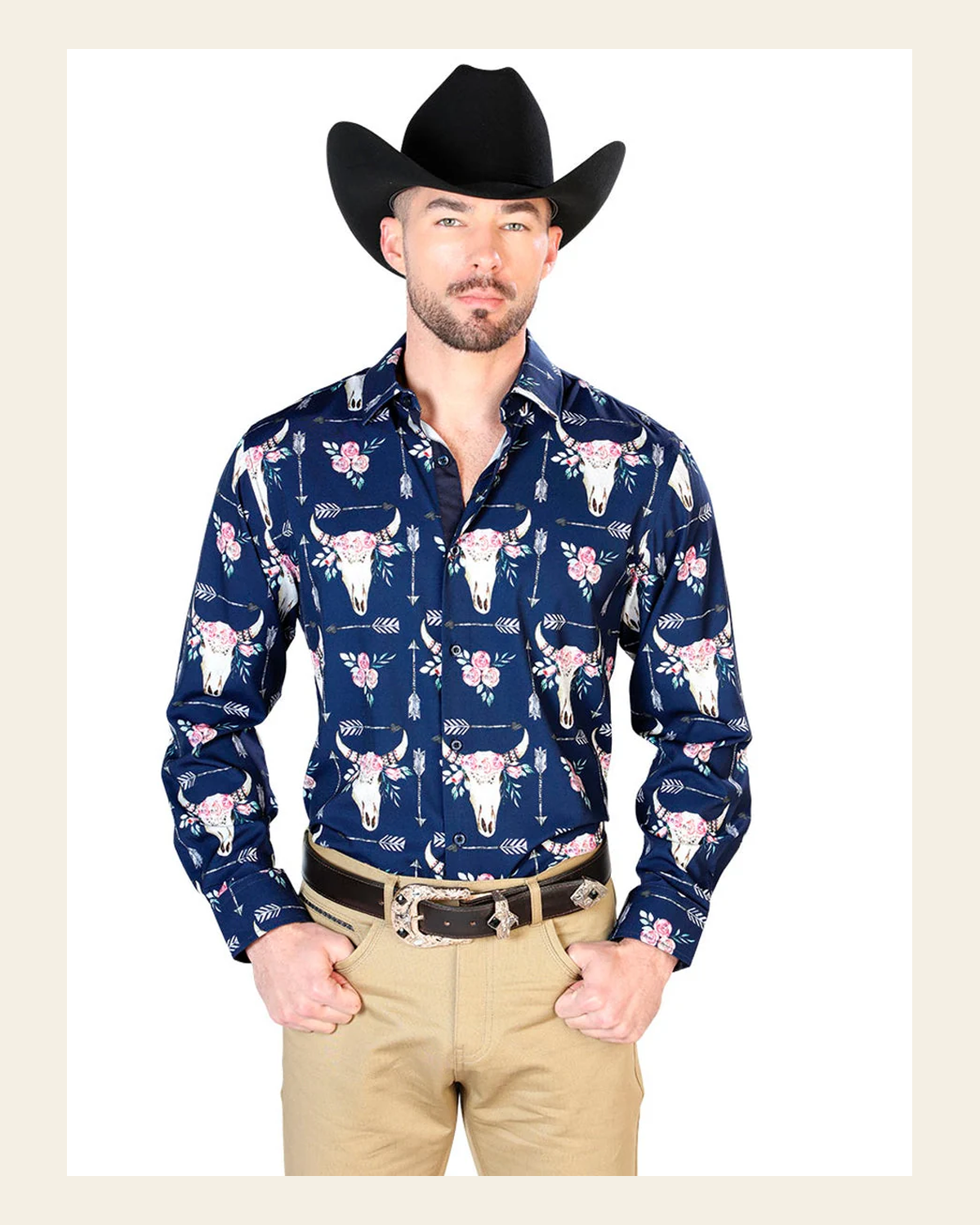 Navy Blue Long Sleeve Casual Long Sleeve Shirt 43694 on a warm cream background