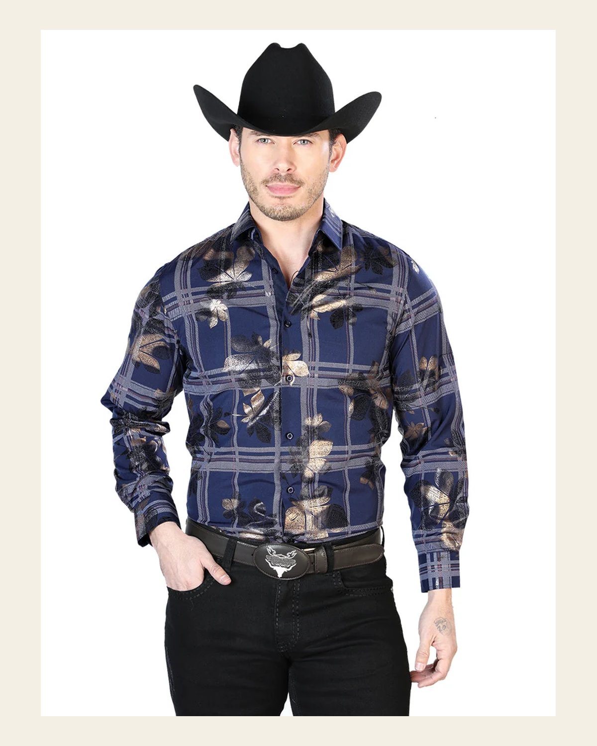 Navy Blue Long Sleeve Western Cowboy Shirt 43837 on a warm cream background