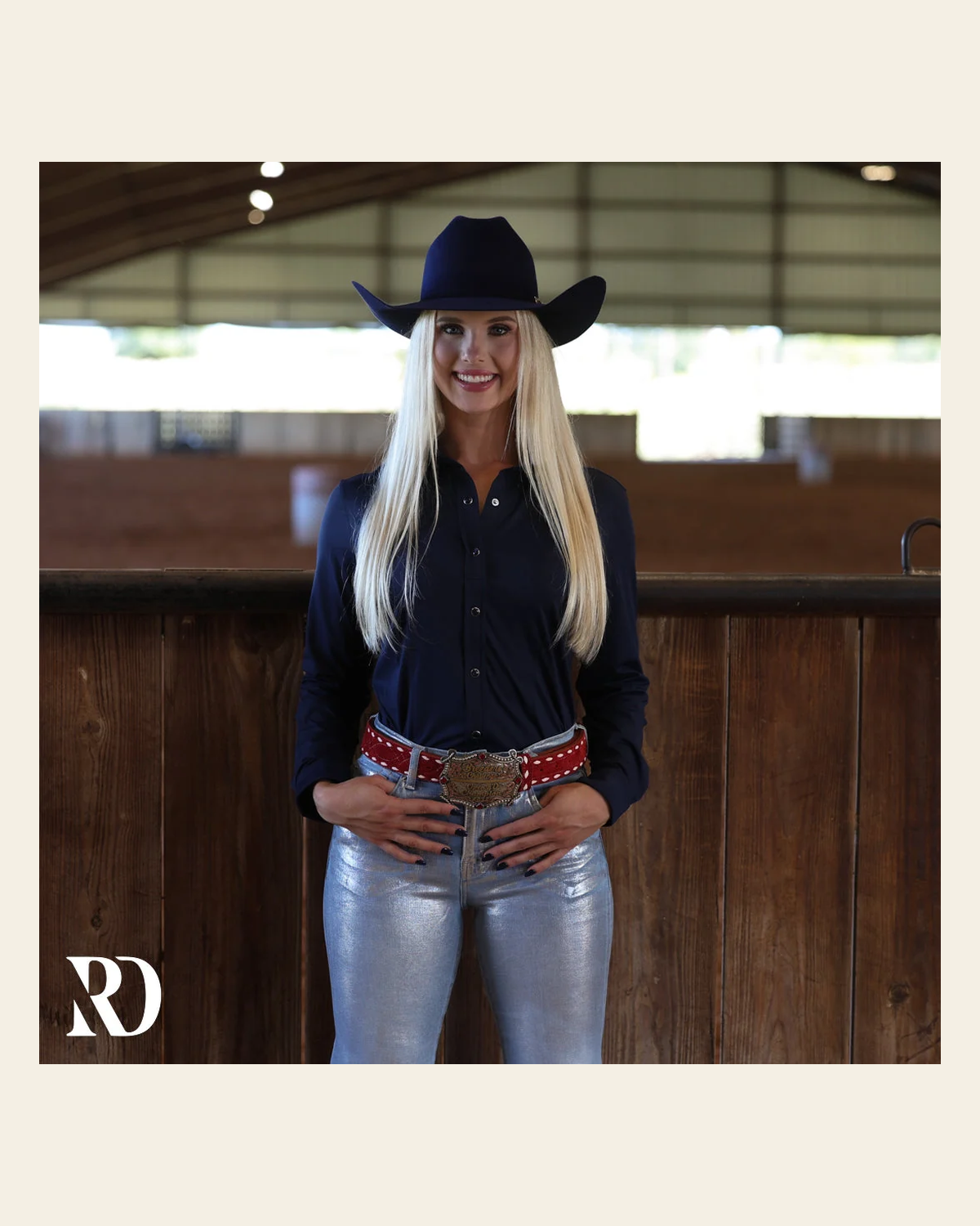 Navy Blue Performance Rodeo Shirt on a warm cream background