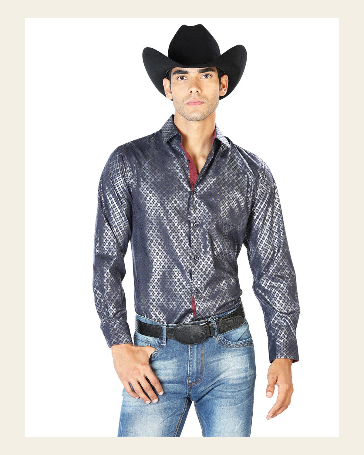 Navy Casual Long Sleeve Shirt 43573 on a warm cream background