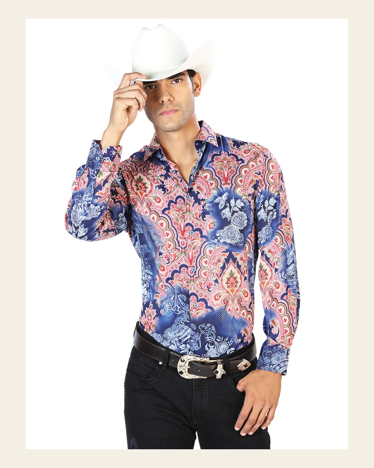 Navy Casual Long Sleeve Shirt 43580 on a warm cream background
