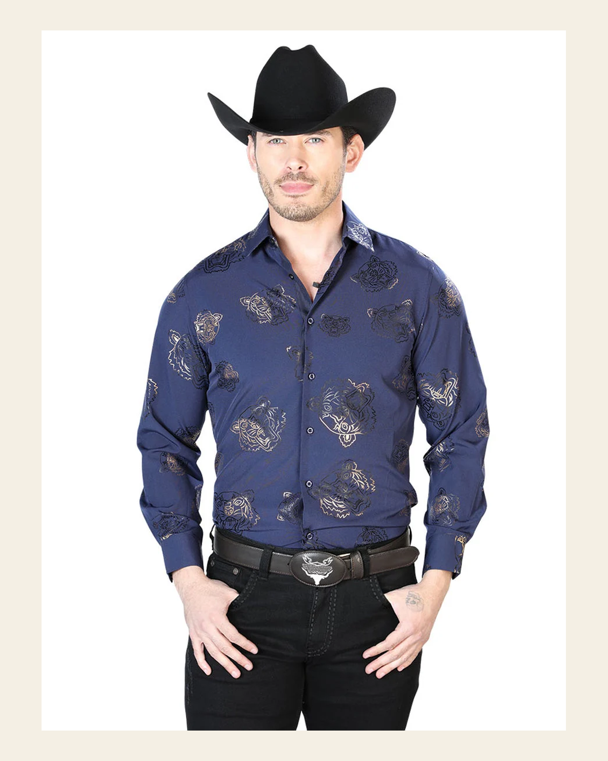 Navy Casual Long Sleeve Shirt 43843 on a warm cream background