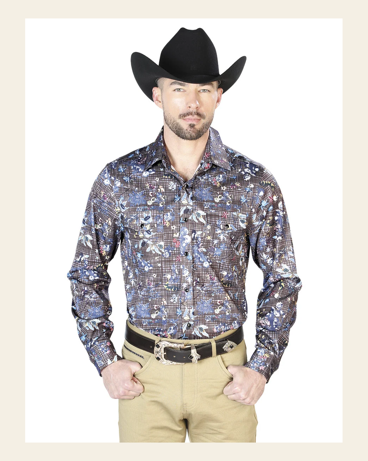 Navy Floral Casual Long Sleeve Shirt 43953 on a warm cream background