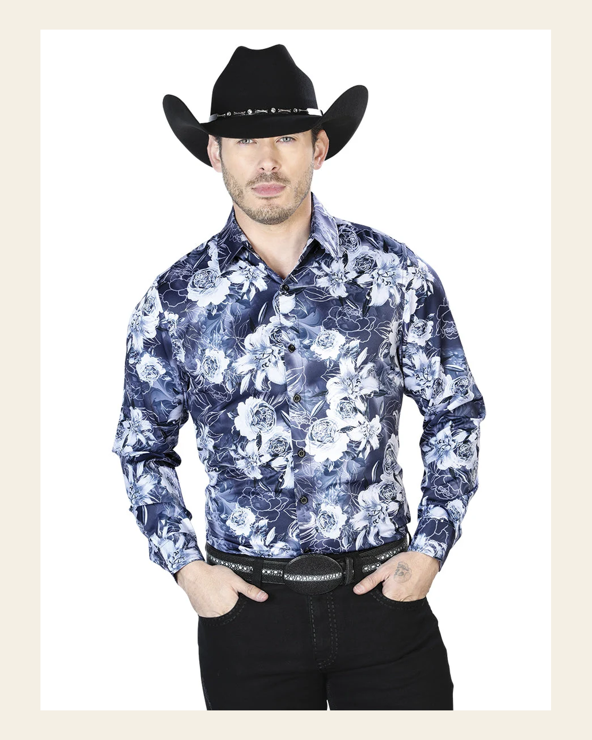 Navy Floral Print Casual Long Sleeve Shirt 43990 on a warm cream background