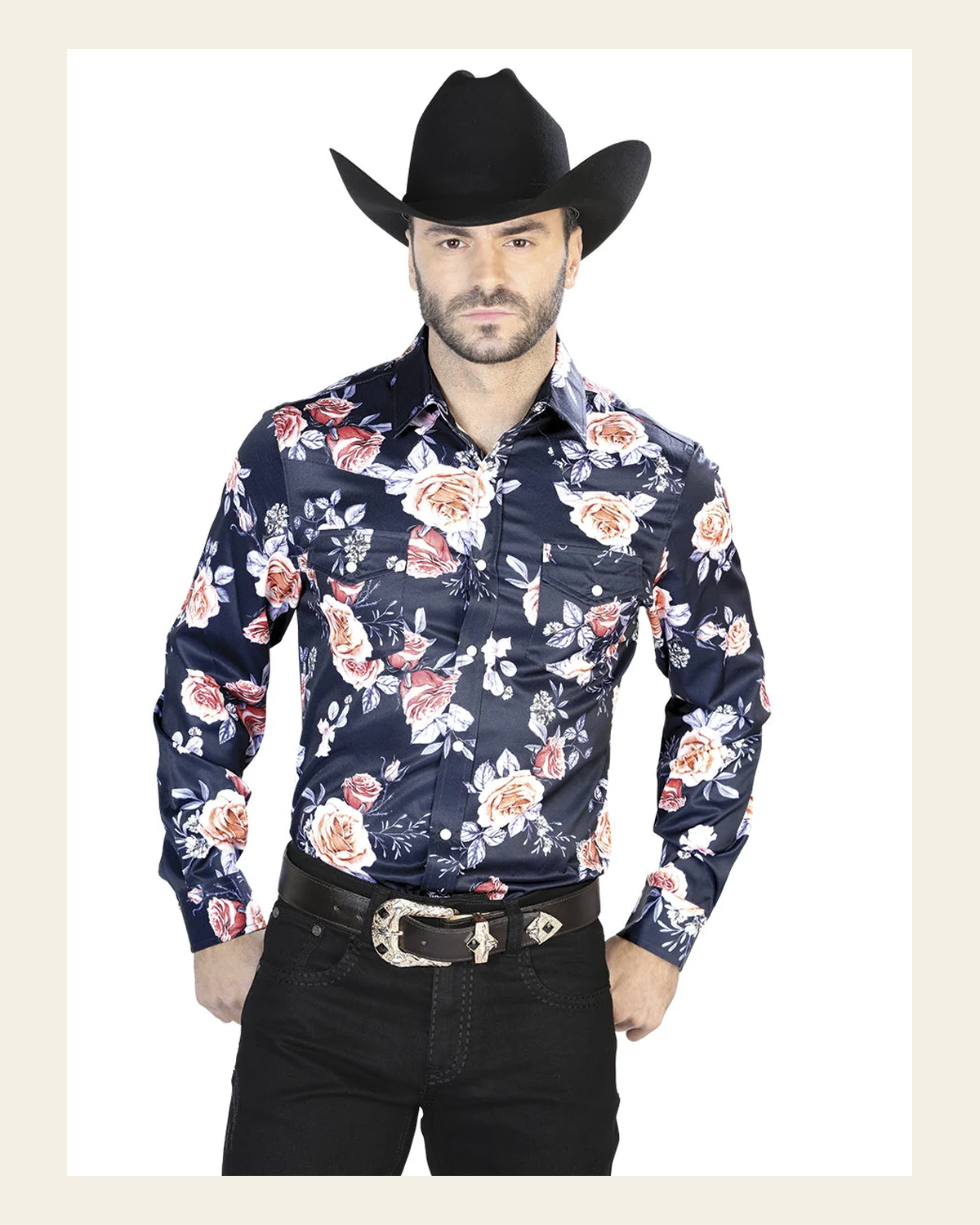 Navy/Roses Casual Long Sleeve Shirt 44089 on a warm cream background