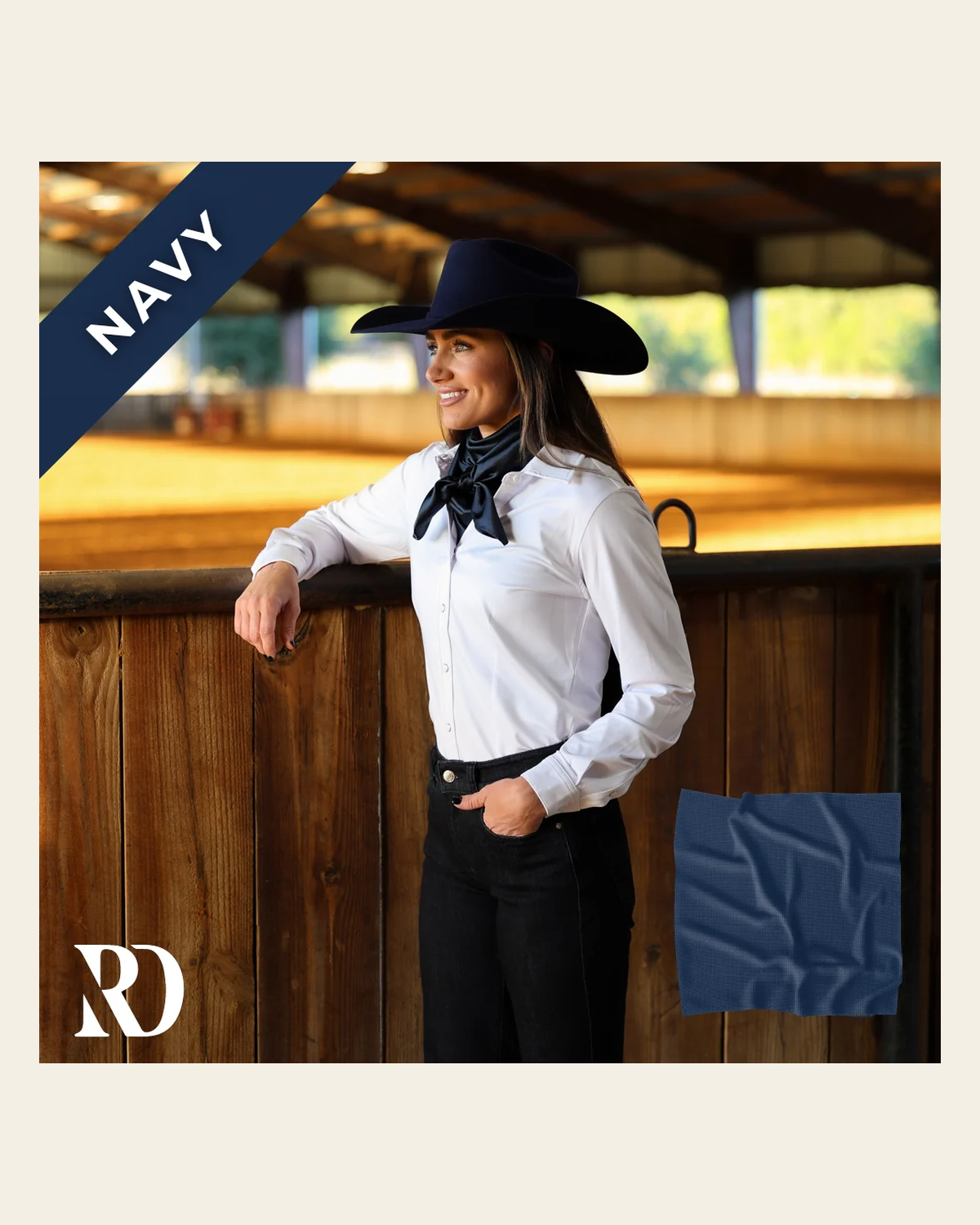 Navy Wild Rag on a warm cream background
