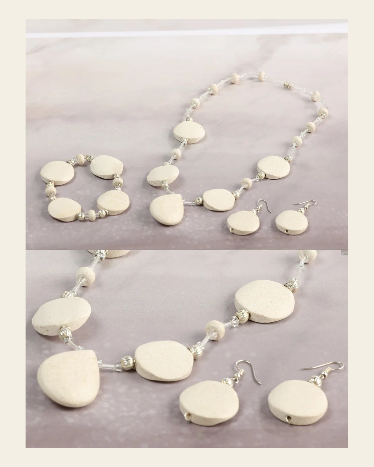 Artisanal Set Earrings-Necklace-Bracelet Onyx Stone Beige 603139 on a warm cream background