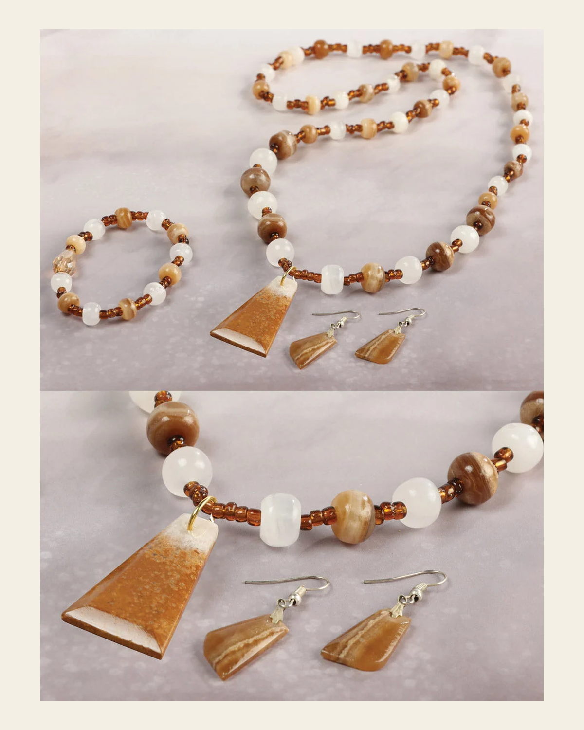 Artisanal Set Earrings-Necklace-Bracelet Onyx Stone Brown/Caramel 603145 on a warm cream background