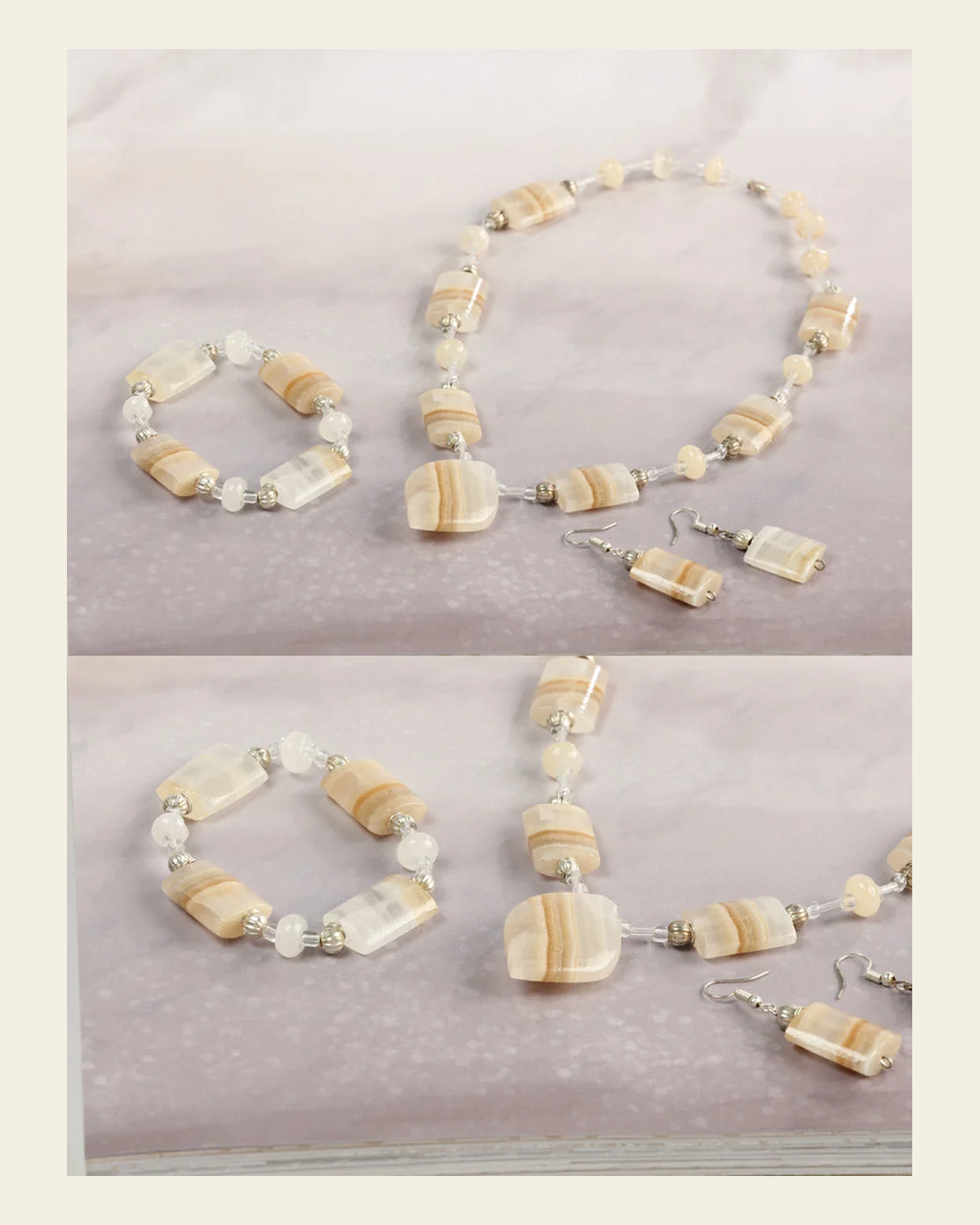 Artisanal Set Earrings-Necklace-Bracelet Onyx Stone Natural/Caramel 603144 on a warm cream background