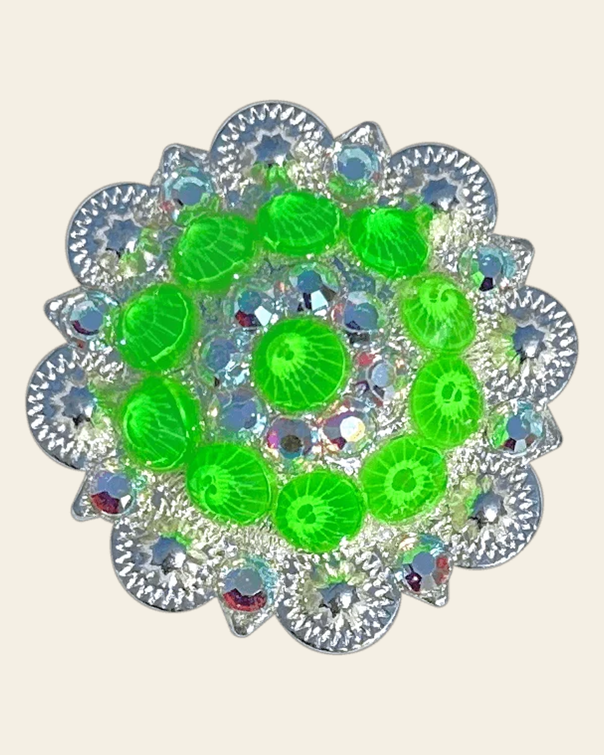 Neon Green and AB Bright Silver 1.5" European Crystal Concho on a warm cream background
