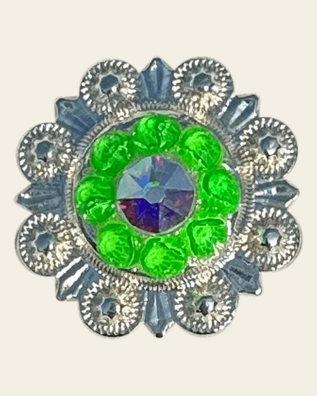 Neon Green and AB Bright Silver 1" European Crystal Concho on a warm cream background