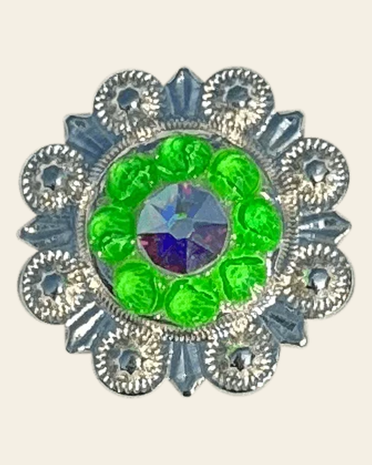 Neon Green and AB Bright Silver 1" European Crystal Concho on a warm cream background