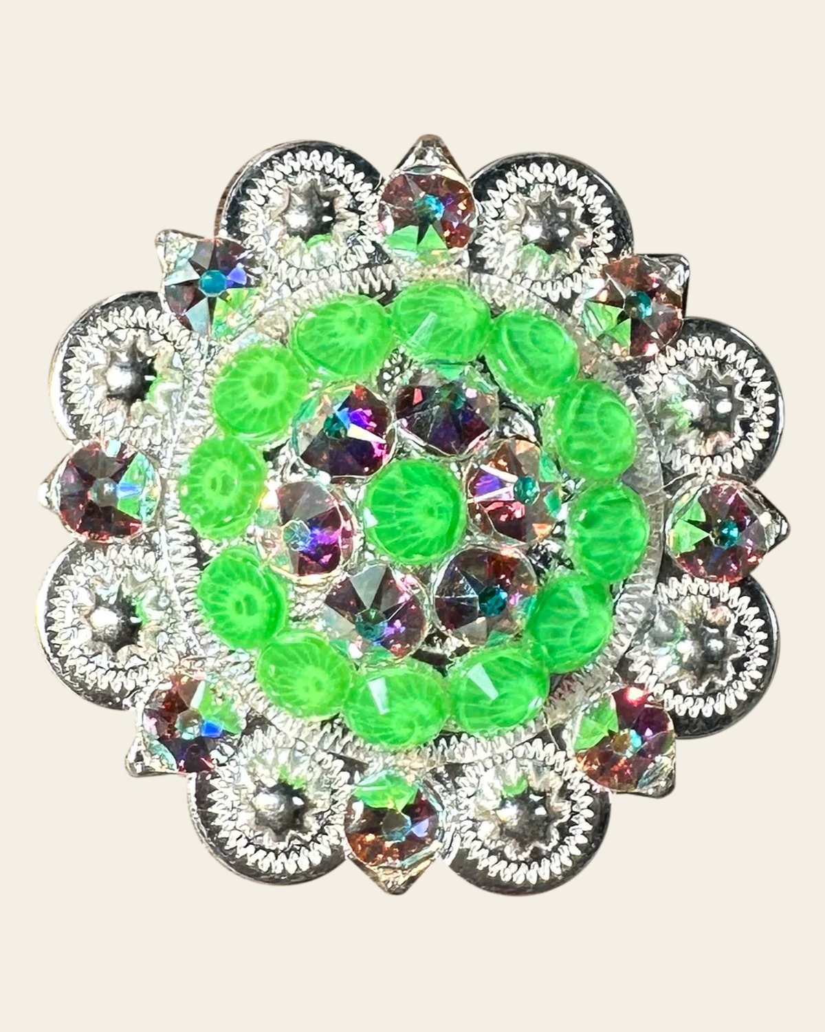Neon Green and AB Bright Silver 2" European Crystal Concho on a warm cream background