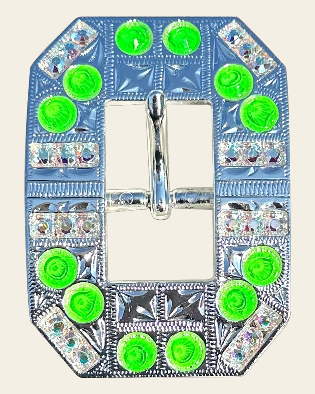 Neon Green and AB Bright Silver European Crystal Square Cart Buckle on a warm cream background