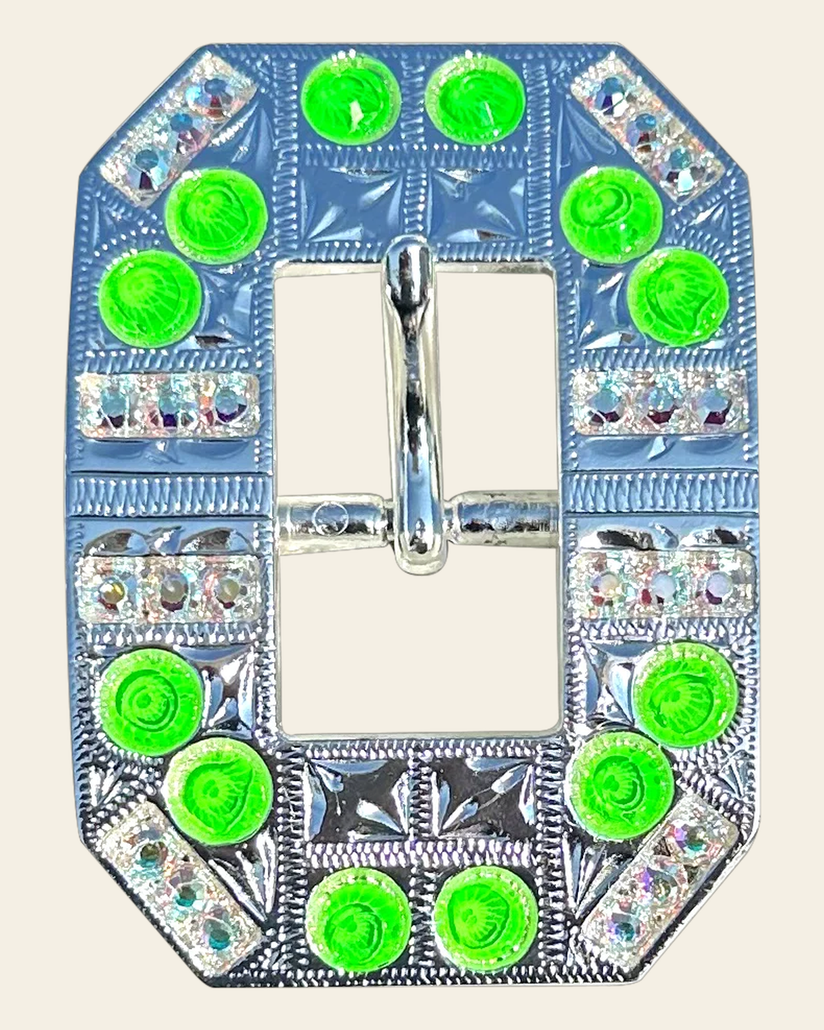 Neon Green and AB Bright Silver European Crystal Square Cart Buckle on a warm cream background