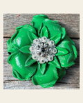 Neon Green Gardenia Flower With Bright Silver Clear 1" Concho on a warm cream background