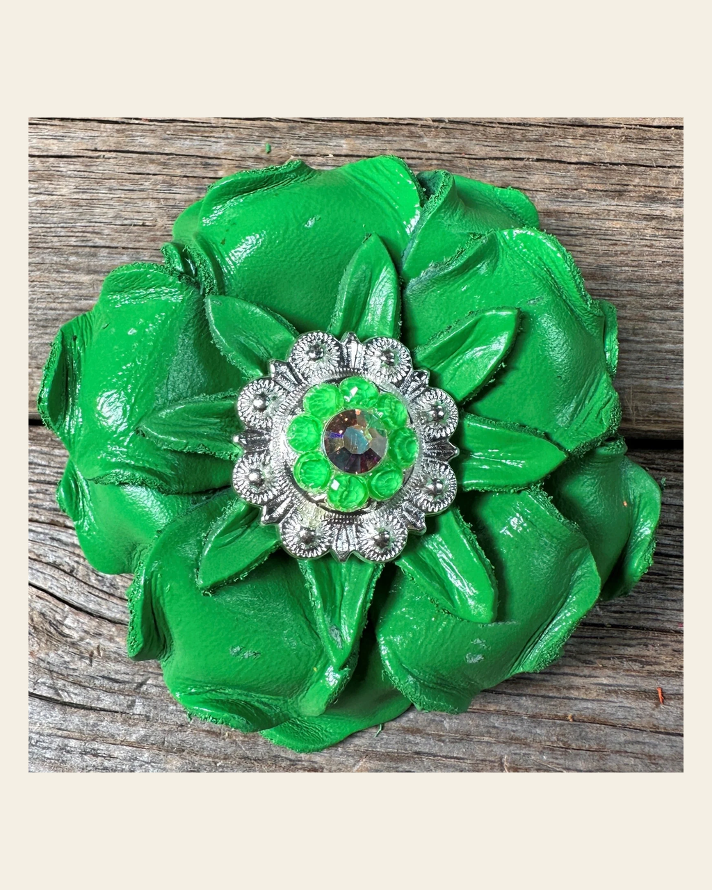 Neon Green Gardenia Flower With Bright Silver Neon Green & AB 1" Concho on a warm cream background