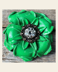 Neon Green Gardenia Flower With Copper Clear 1" Concho on a warm cream background