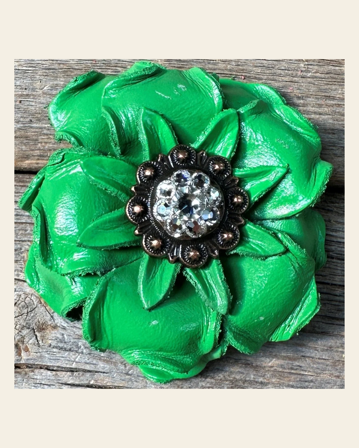 Neon Green Gardenia Flower With Copper Clear 1" Concho on a warm cream background
