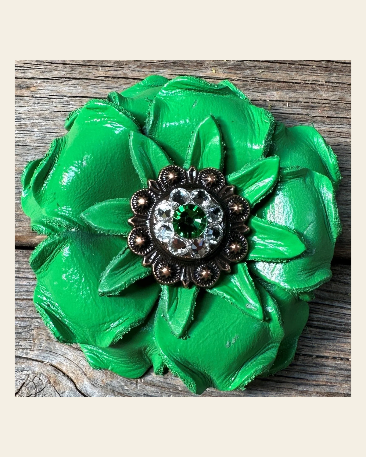 Neon Green Gardenia Flower With Copper Fern & Clear 1" Concho on a warm cream background