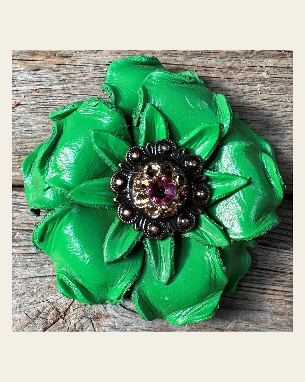 Neon Green Gardenia Flower With Copper Pink & Champagne 1" Concho on a warm cream background