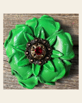 Neon Green Gardenia Flower With Copper Ruby & Champagne 1" Concho on a warm cream background