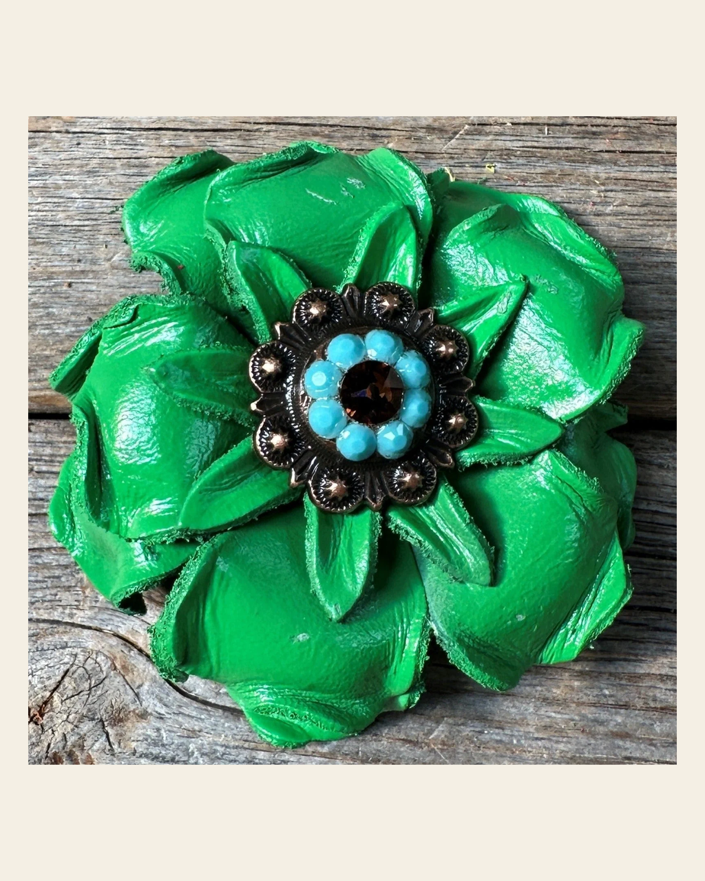 Neon Green Gardenia Flower With Copper Topaz & Turquoise 1" Concho on a warm cream background