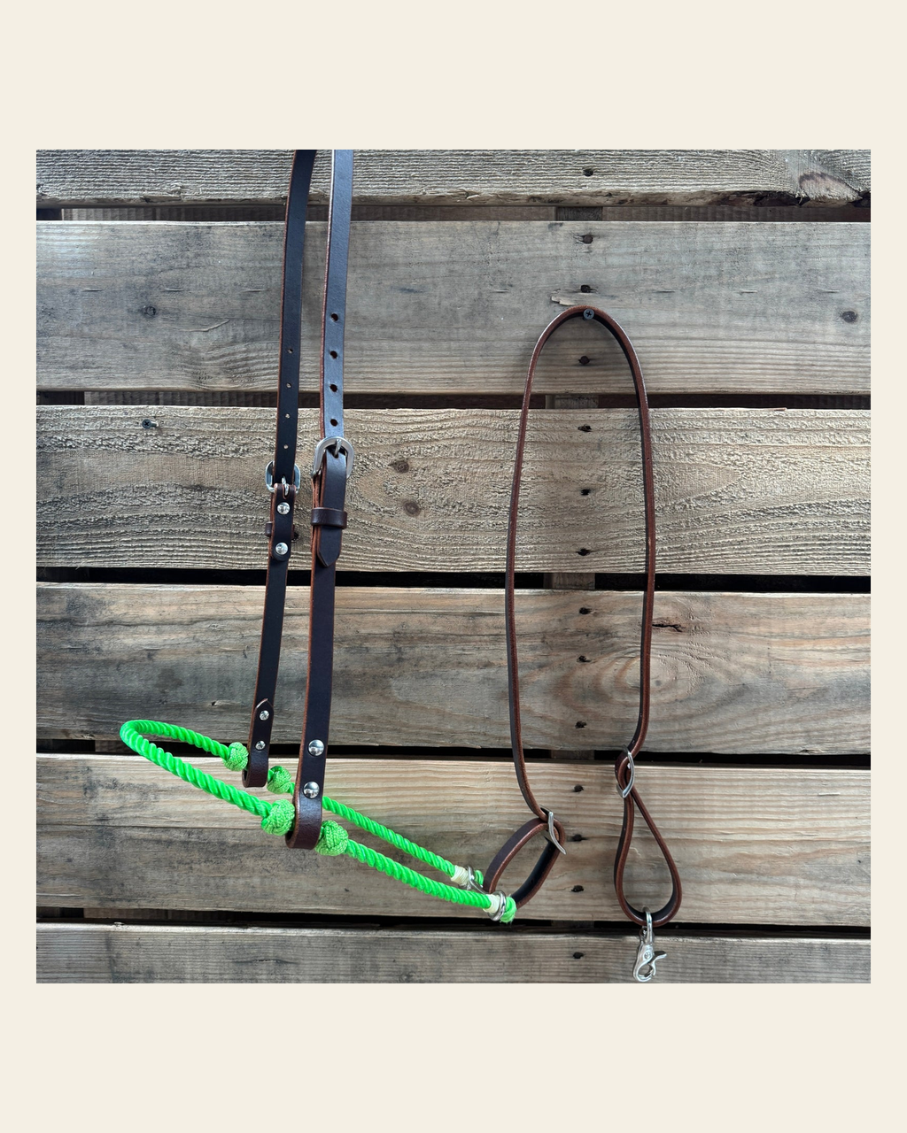 Neon Green Single Rope Noseband Lariat with Leather Hanger #HAN108 on a warm cream background