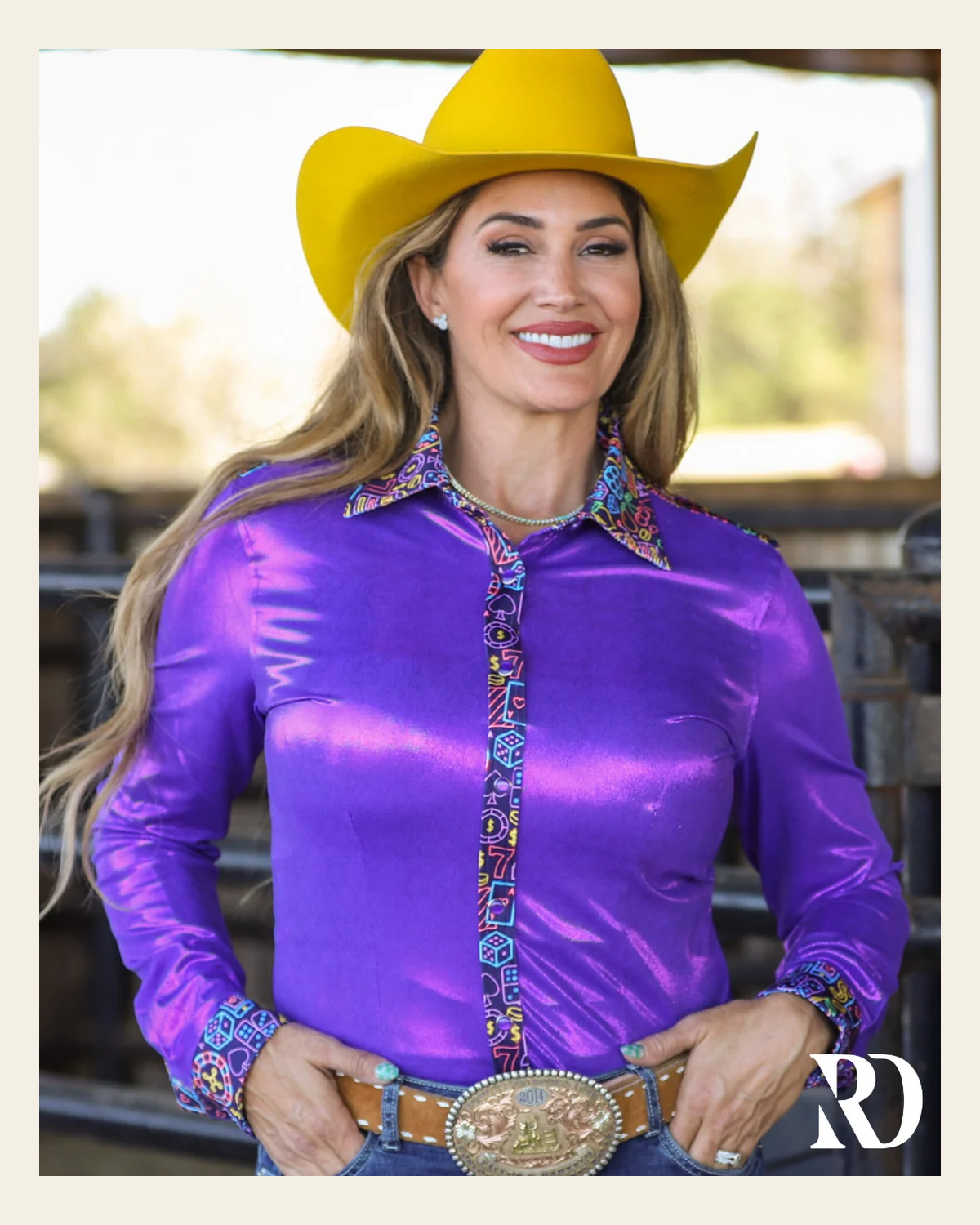 Neon Lights & Purple Sparkle Performance Rodeo Shirt on a warm cream background