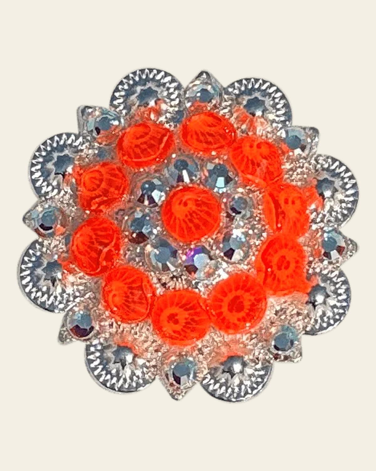 Neon Orange and AB Bright Silver 1.5" European Crystal Concho on a warm cream background