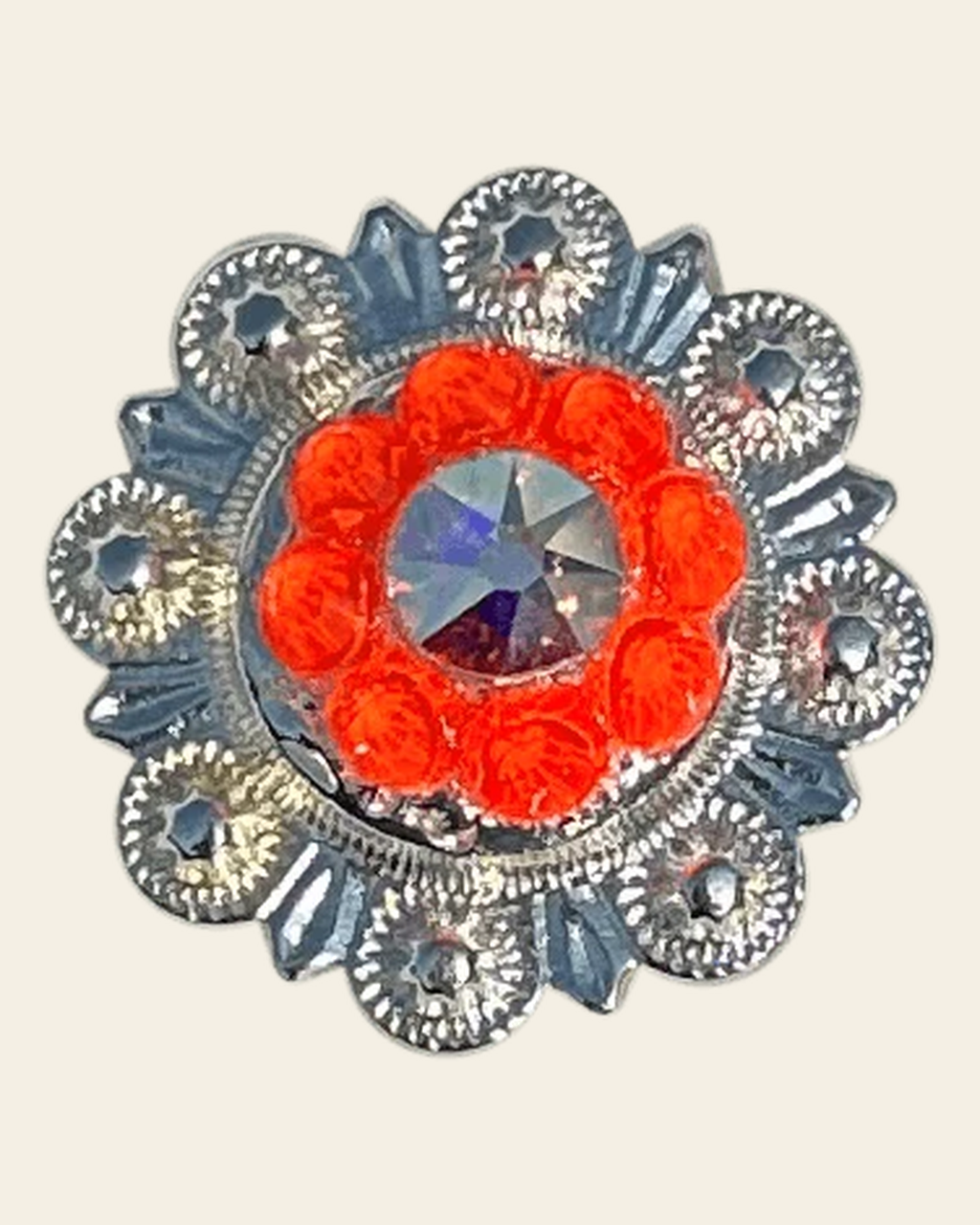 Neon Orange and AB Bright Silver 1" European Crystal Concho on a warm cream background
