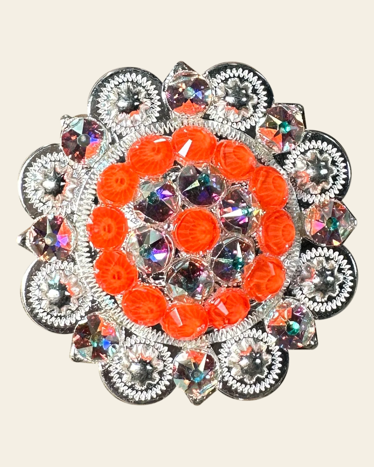 Neon Orange and AB Bright Silver 2" European Crystal Concho on a warm cream background