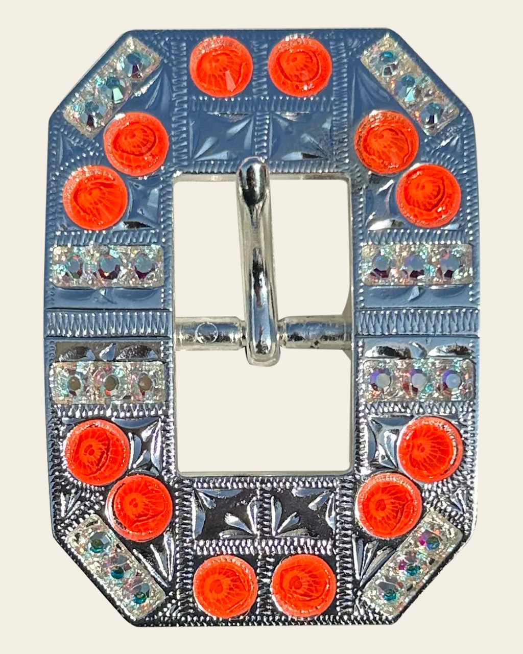 Neon Orange and AB Bright Silver European Crystal Square Cart Buckle on a warm cream background
