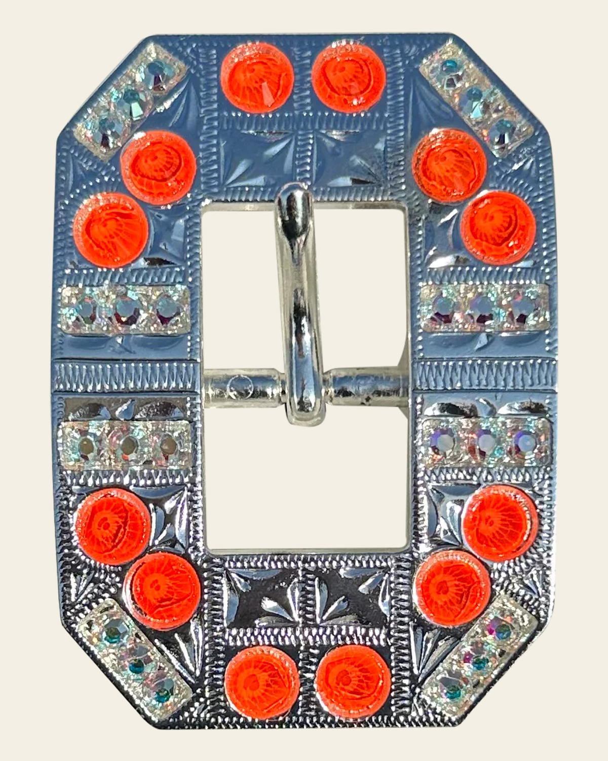 Neon Orange and AB Bright Silver European Crystal Square Cart Buckle on a warm cream background
