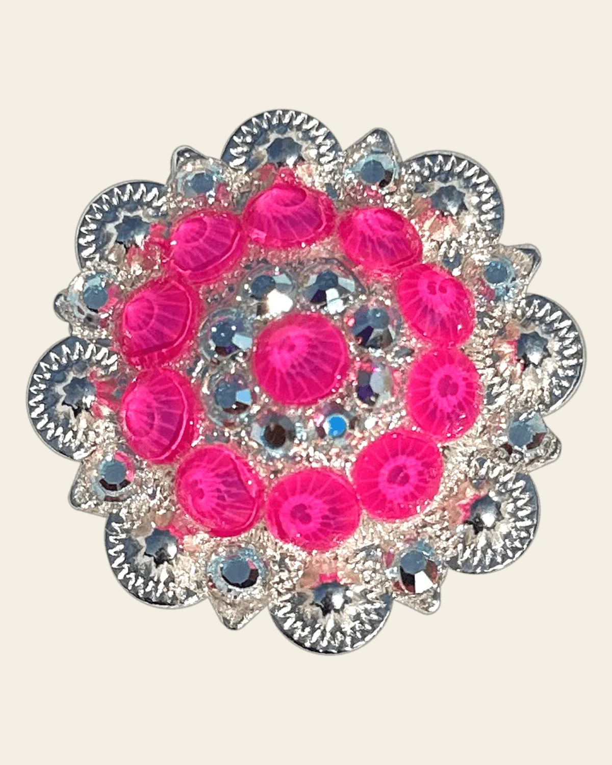 Neon Pink and AB Bright Silver 1.5" European Crystal Concho on a warm cream background