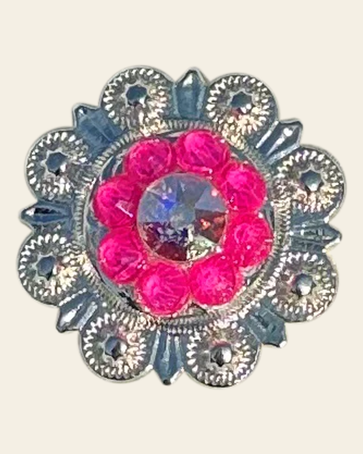 Neon Pink and AB Bright Silver 1" European Crystal Concho on a warm cream background