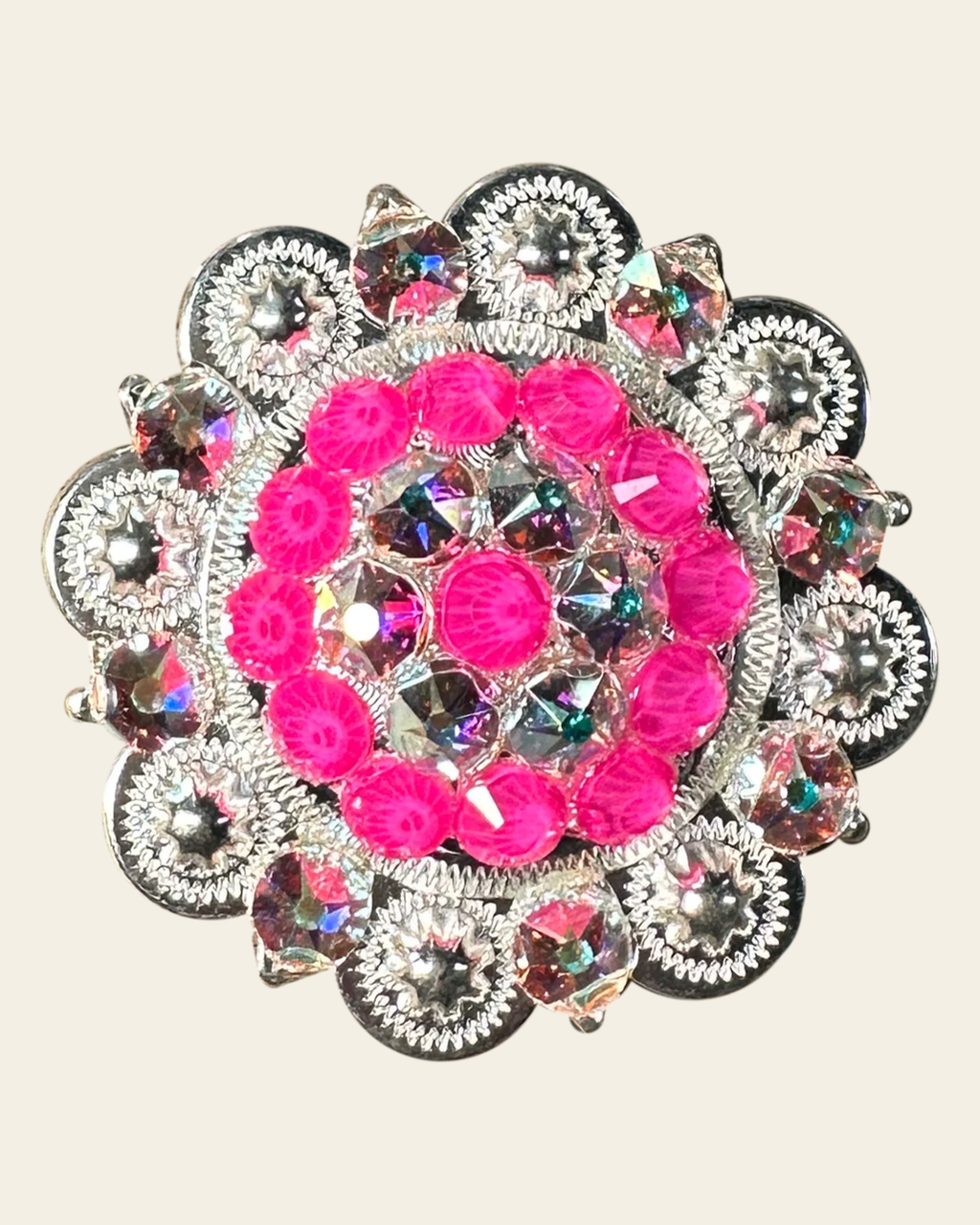 Neon Pink and AB Bright Silver 2" European Crystal Concho on a warm cream background