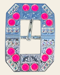 Neon Pink and AB Bright Silver European Crystal Square Cart Buckle on a warm cream background