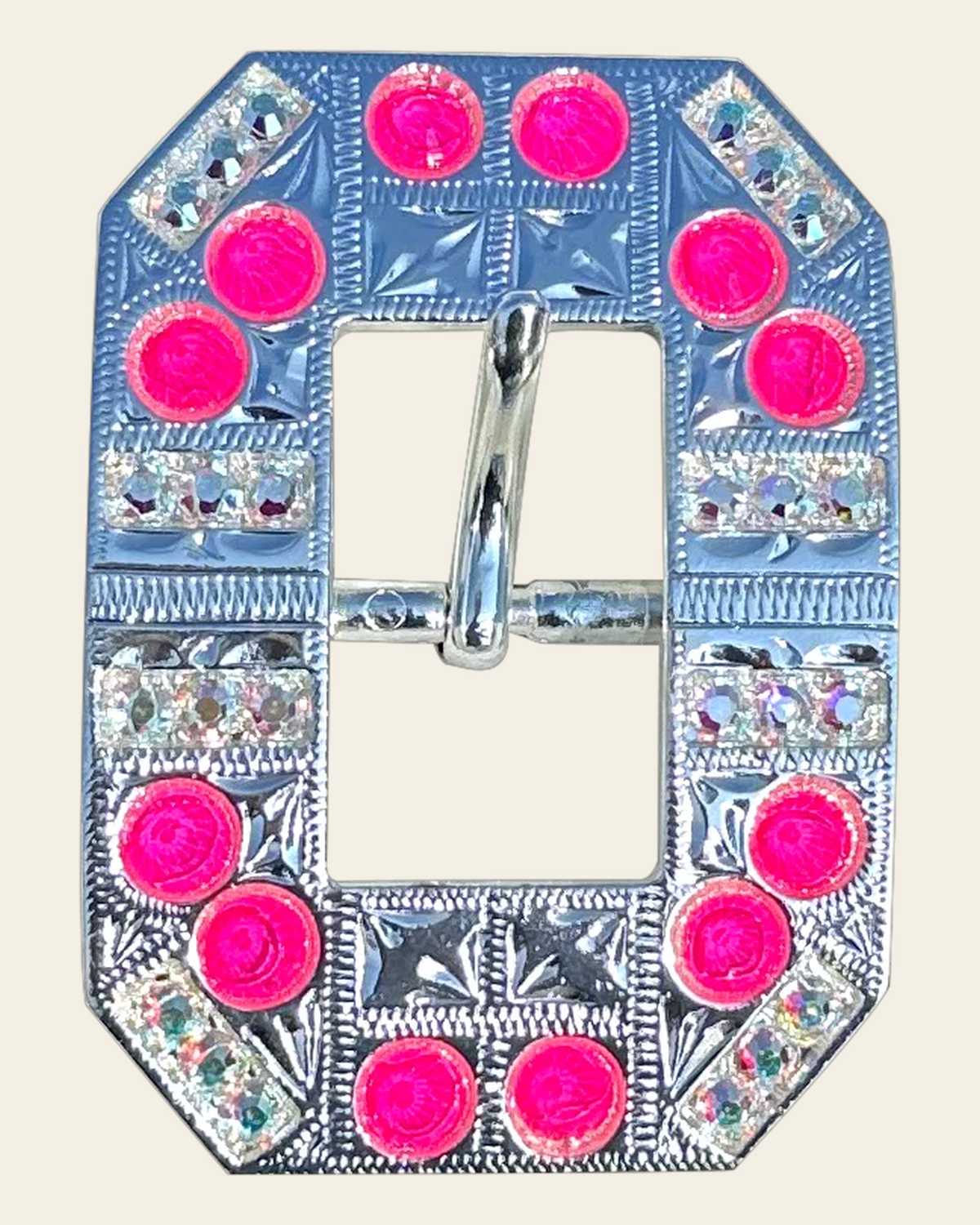 Neon Pink and AB Bright Silver European Crystal Square Cart Buckle on a warm cream background